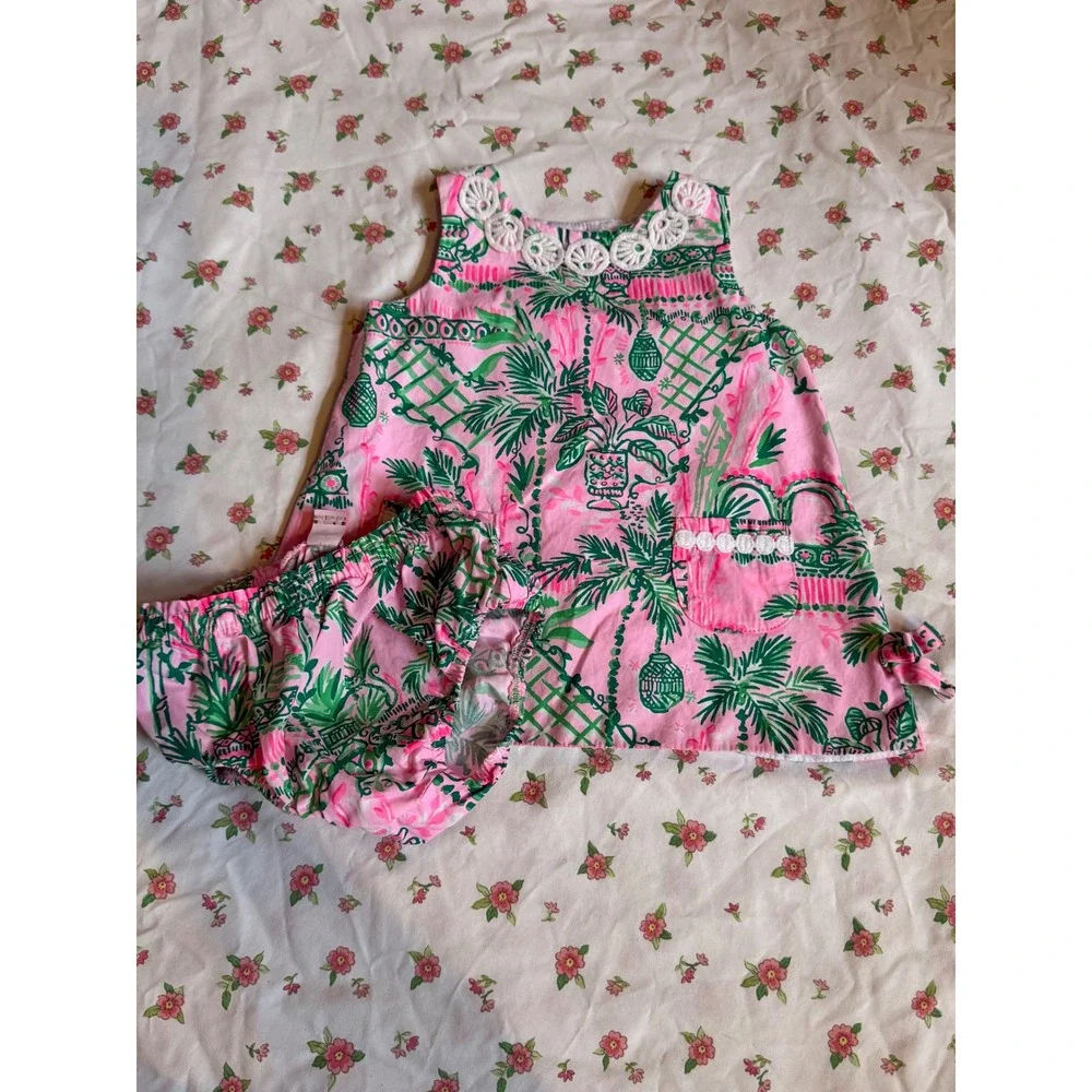 Lilly Pulitzer Baby Girls Pink Green Tropical Palm Shift Dress Bloomers 12-18M
